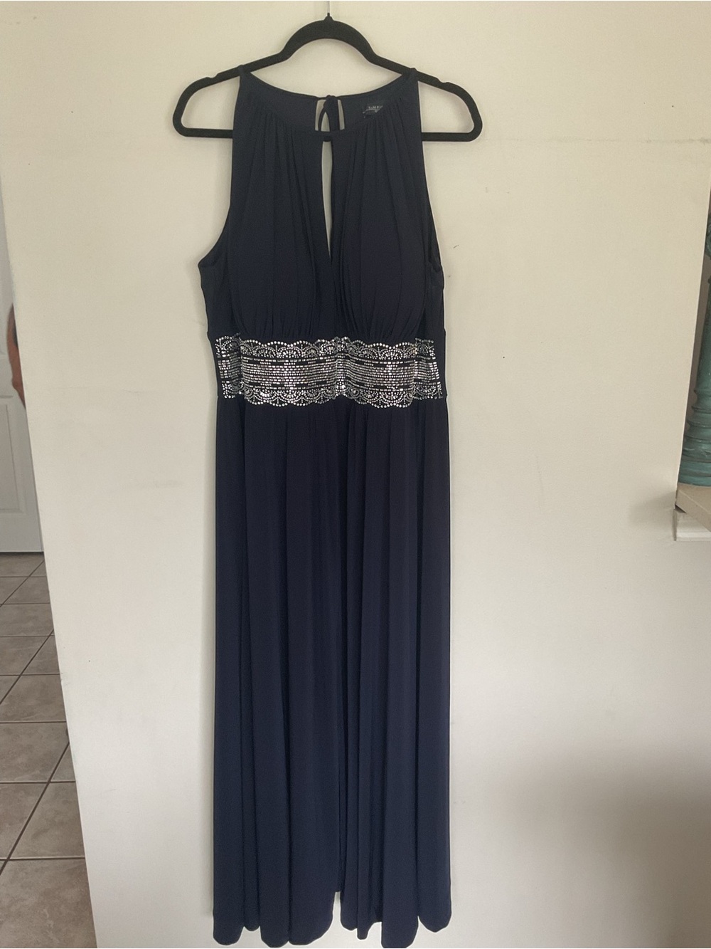 R&M Richards Navy Maxi Dress with Beaded Waistband elegant women’s 18W